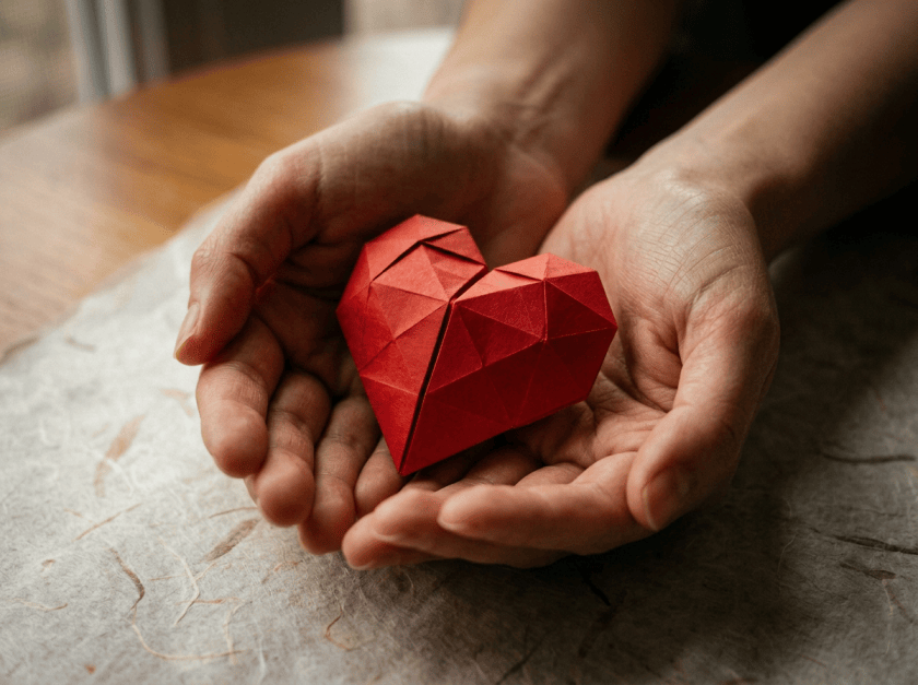 Red origami heart held in two cupped paper hands